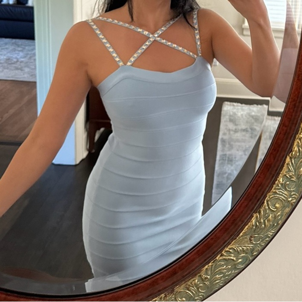 Light Blue Herve Leger Crystal Dress